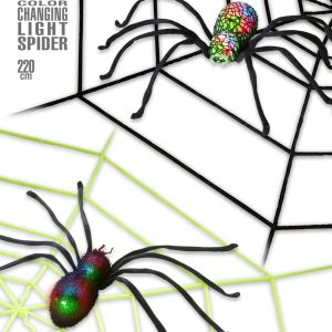 Ragnatela gigante in ciniglia con ragno luminoso che cambia colore