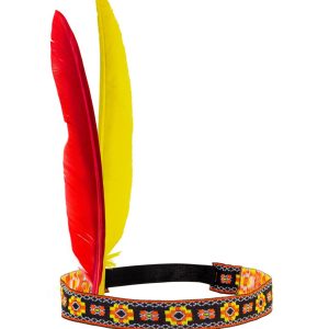 Fascia Indiano con due piume rossa e gialla
