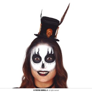 Cerchietto con mini cilindro nero con ossa e teschio