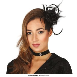 Diadema a clip fiore rosa nera con piume e perline 10 cm