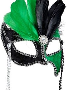 Maschera Veneziana Gran Ballo nera/verde Con Gemme e piume