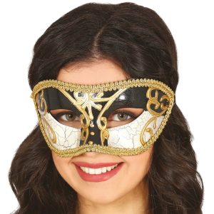 Mascherina veneziana bianca e nera con finiture oro