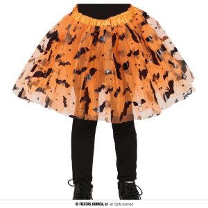 Tutù arancione stampa pipistrelli 30 cm halloween bambina