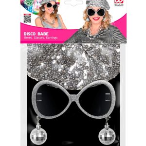 Set Disco Babe basco in paillettes, occhiali , orecchini sfera stroboscopica