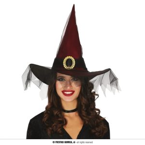 Cappello da strega bordeaux con velo
