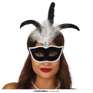 Maschera velluto nero con piuma bianca