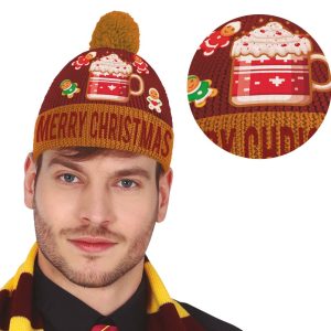 Cappello natalizio effetto lana con stampa tazza e biscotti natalizi