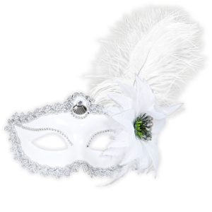 Maschera domino bianca con rosa e piume