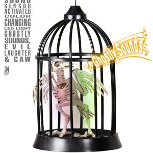Corvo scheletro in gabbia con luce led cambiacolore, suoni