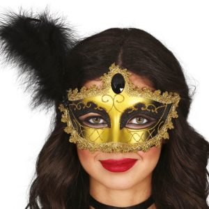 Maschera Lupo Veneziano Barocco Piuma Oro Nero Adulto