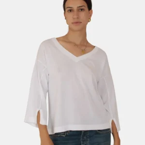 MAGLIA A V KANGRA CON MANICHE LARGHE E SPACCHI - 1 BIANCO