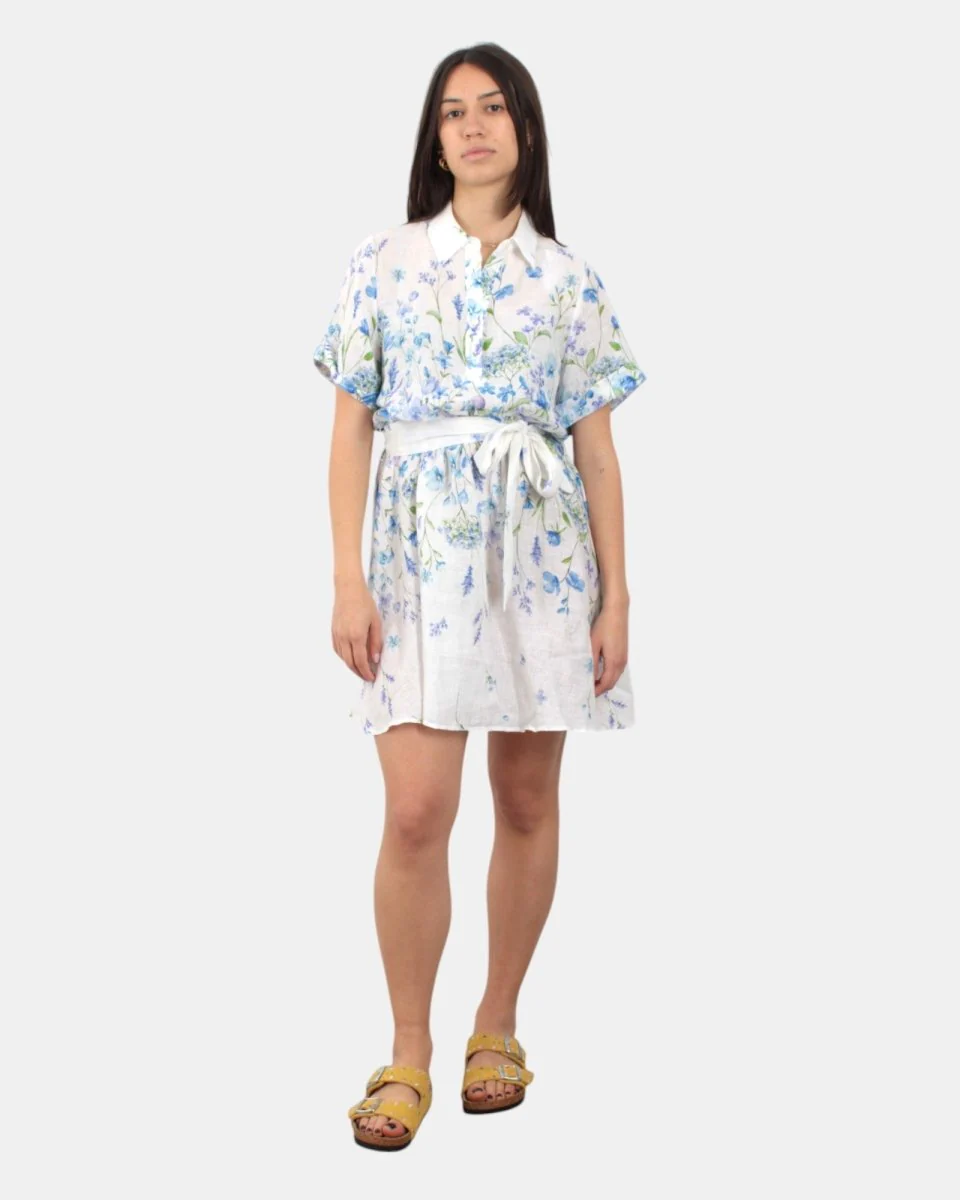 WOMAN SHORT DRESS - LINEN FLOWER BLUE 01
