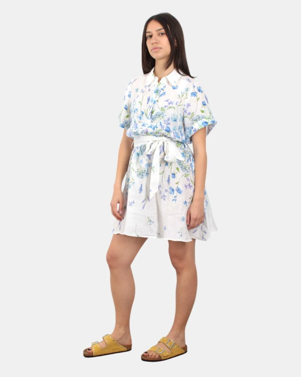 WOMAN SHORT DRESS - LINEN FLOWER BLUE 01 - immagine 3